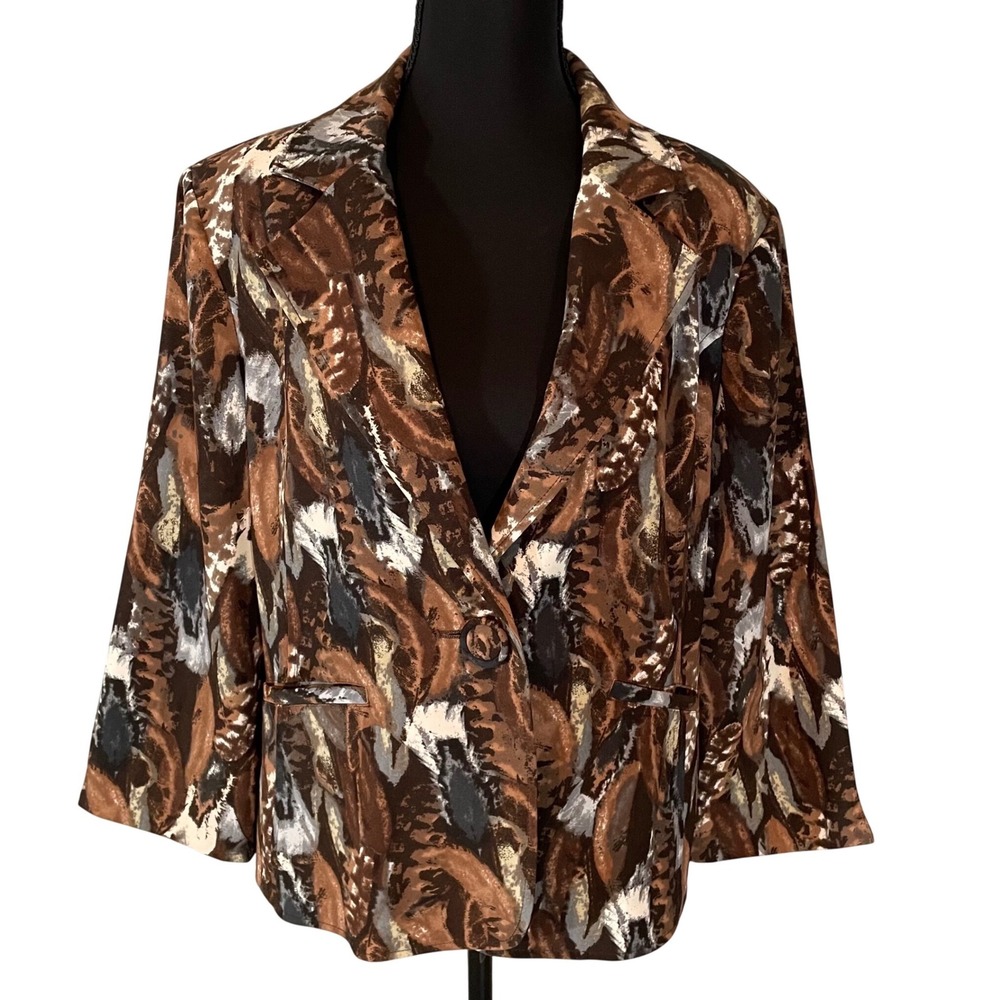 Brandon Thomas Abstract Feather Print Blazer Jacket Women Sz M Brown Multi Color